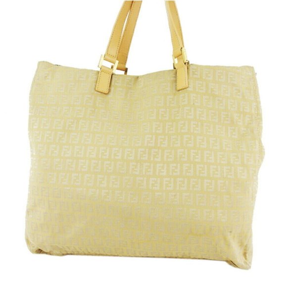 FENDI tote bag Zukkino beige canvas �~ leather Auth used T18963 - Picture 1 of 8
